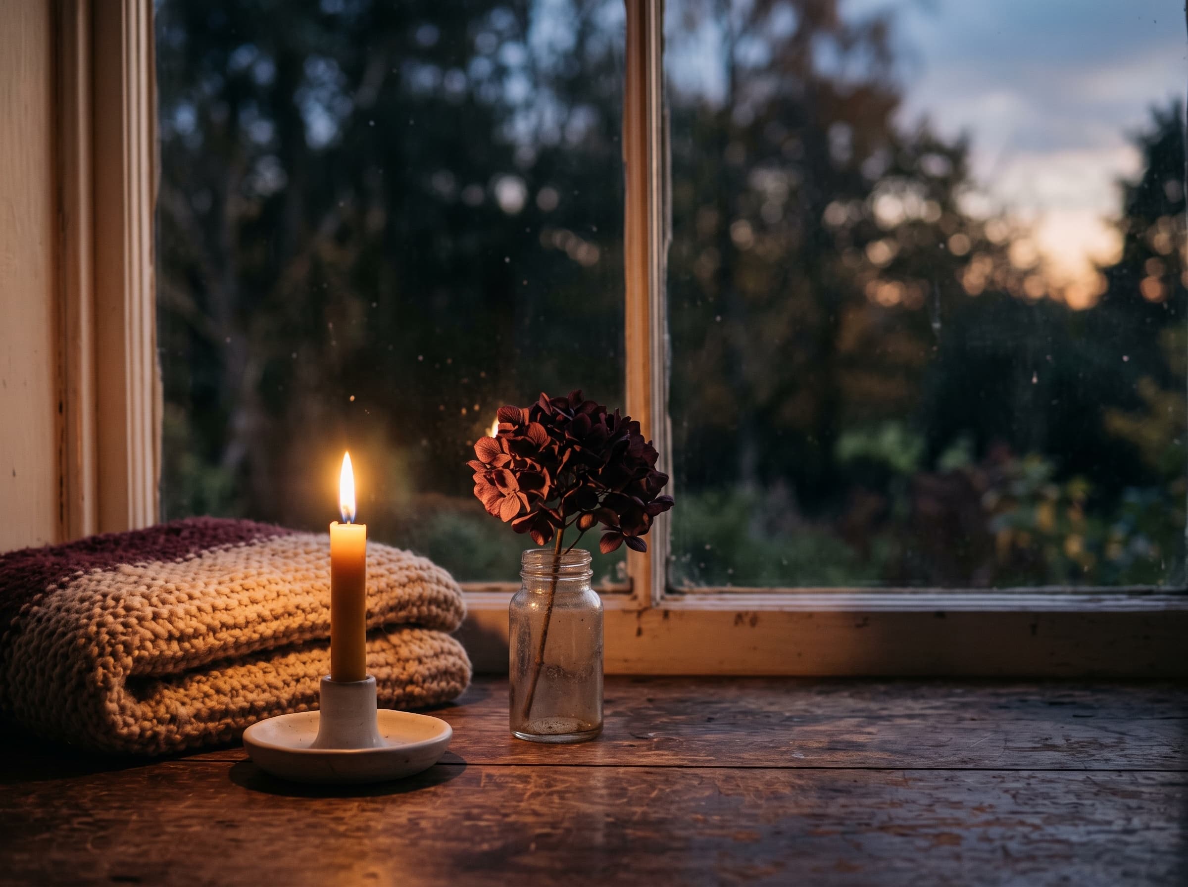 Een brandende kaars bij een raam in de avond, met een gedroogde bloem en een wollen plaid