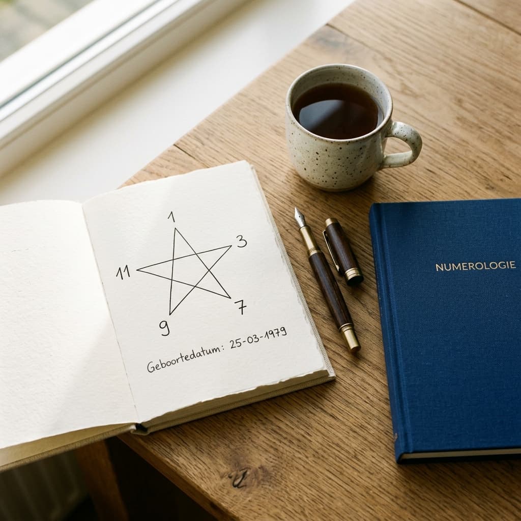 Linnen notitieboek met handgetekend numerologie pentagram en het boek Numerologie