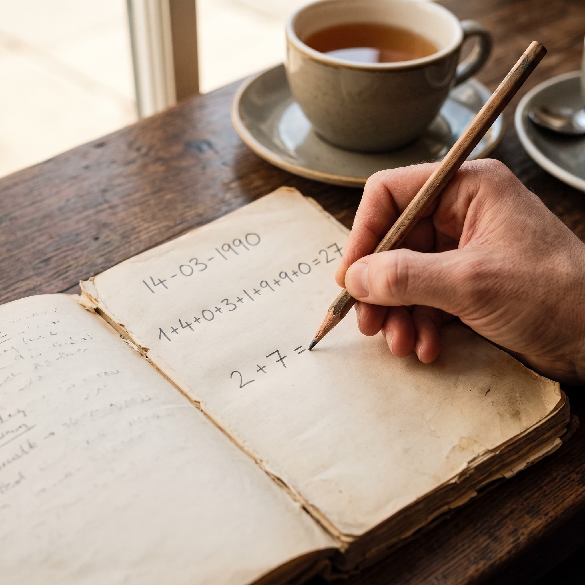 Een hand schrijft met potlood een numerologische berekening in een oud notitieboek