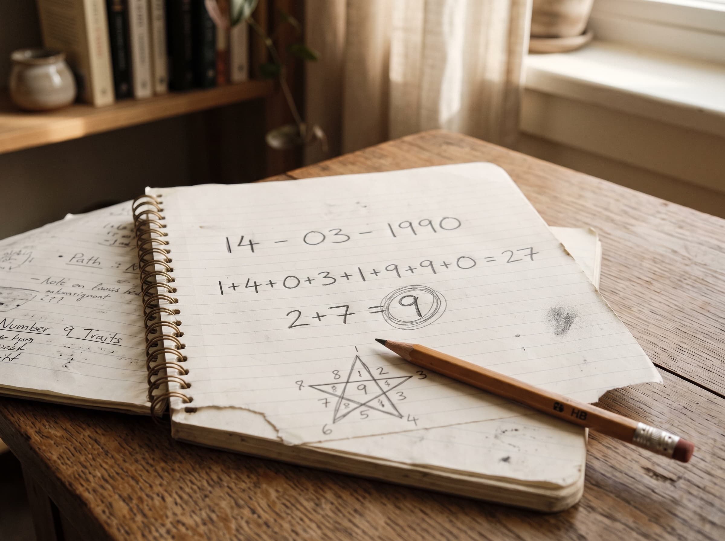 Notitieboek met een numerologische berekening: een geboortedatum die stap voor stap wordt teruggebracht tot één cijfer