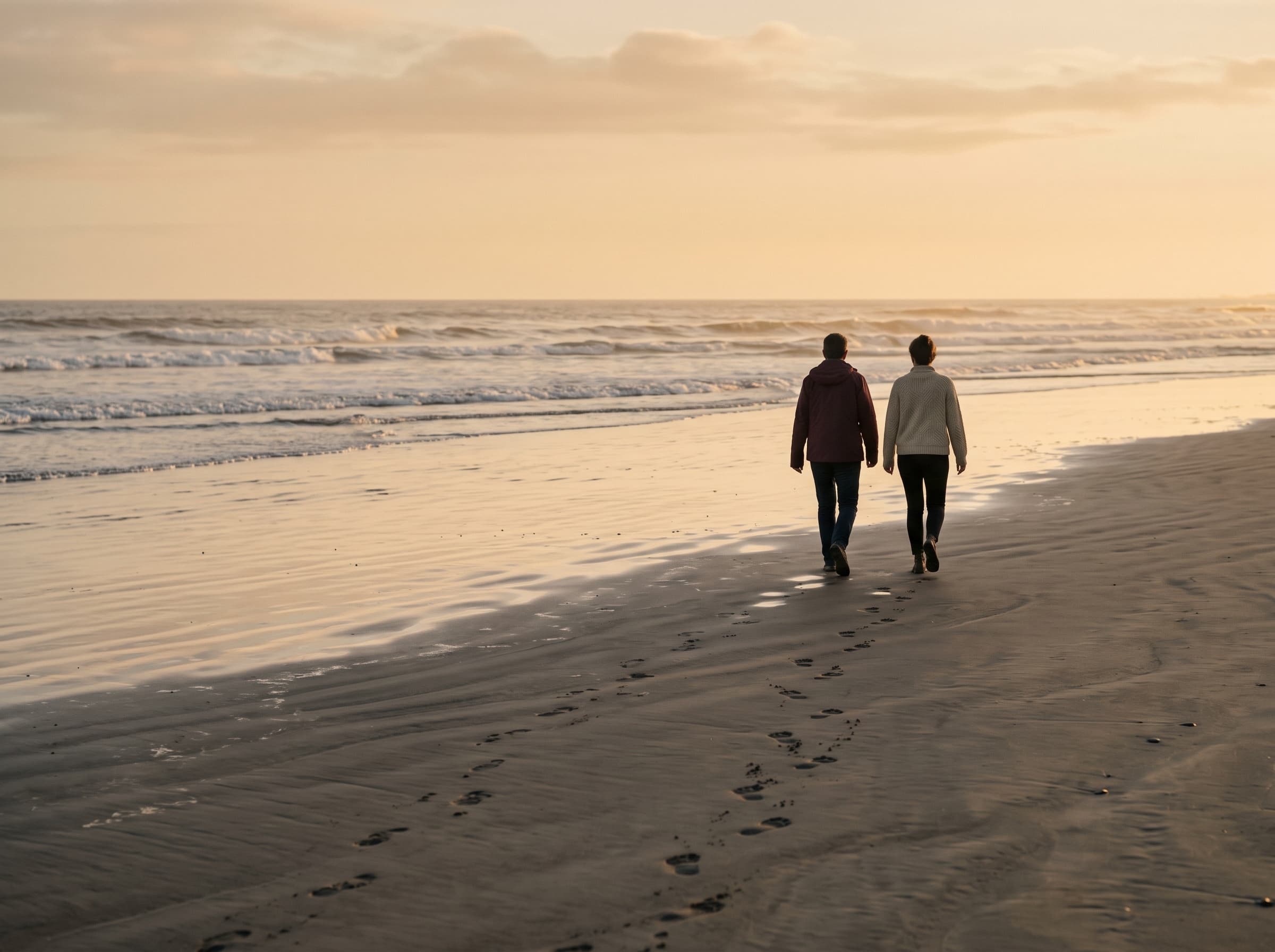 Twee mensen lopen samen langs het strand richting zee, van achteren gezien, voetstappen in het natte zand